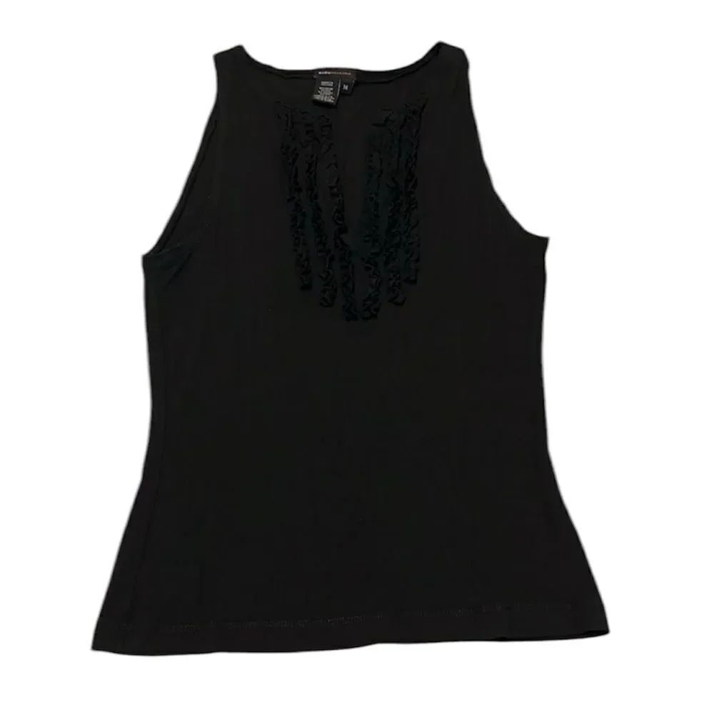 BCBGMaxAzria size medium black sleeveless top ruffles around a V neck GUC